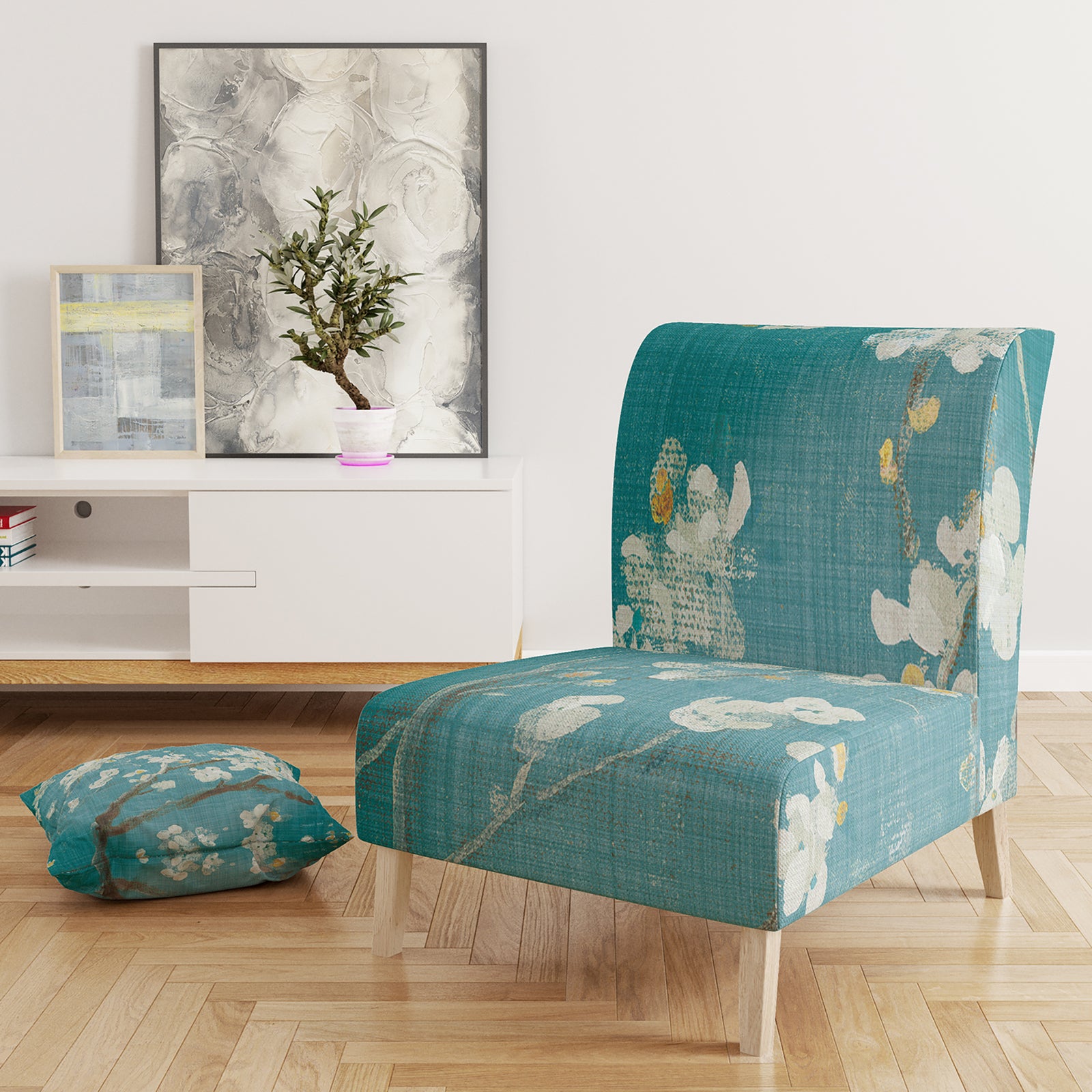 Blue Cherry Blossoms II - Upholstered Cabin & Lodge Accent Chair