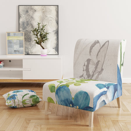 Blue Columbine Flowers With Butterfly - Upholstered Cabin & Lodge Accent Chair
