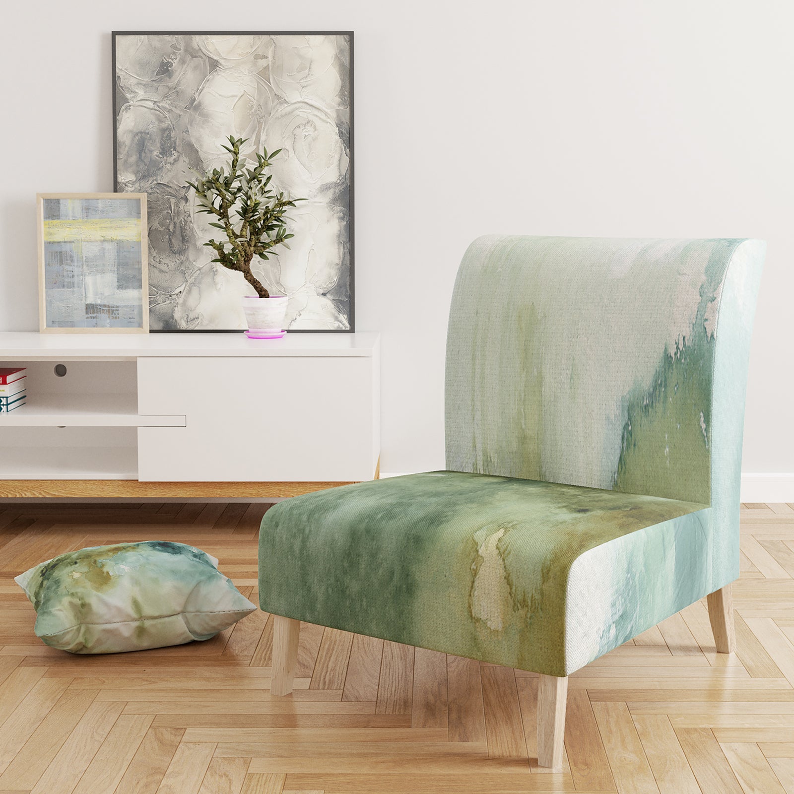 Abstract Watercolor Green House - Upholstered Modern Accent Chair