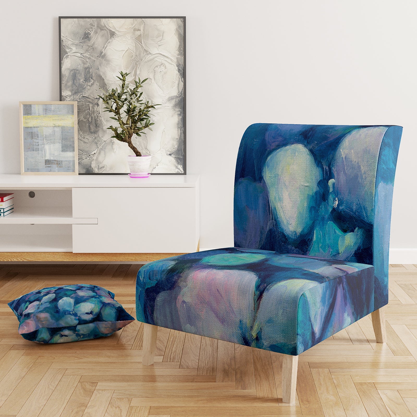 Abstract Blue Flower Petals - Upholstered Traditional Accent Chair