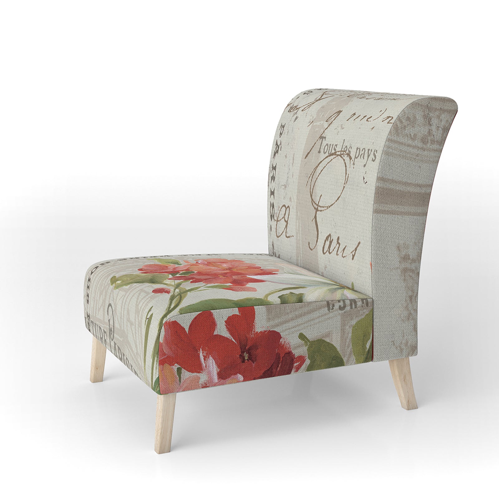 Red Painted Flowers On VIntage Postcard II - Upholstered Farmhouse Accent Chair