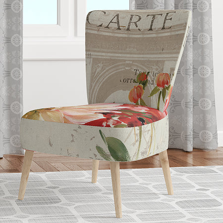 Red Painted Flowers On VIntage Postcard III - Upholstered Farmhouse Accent Chair