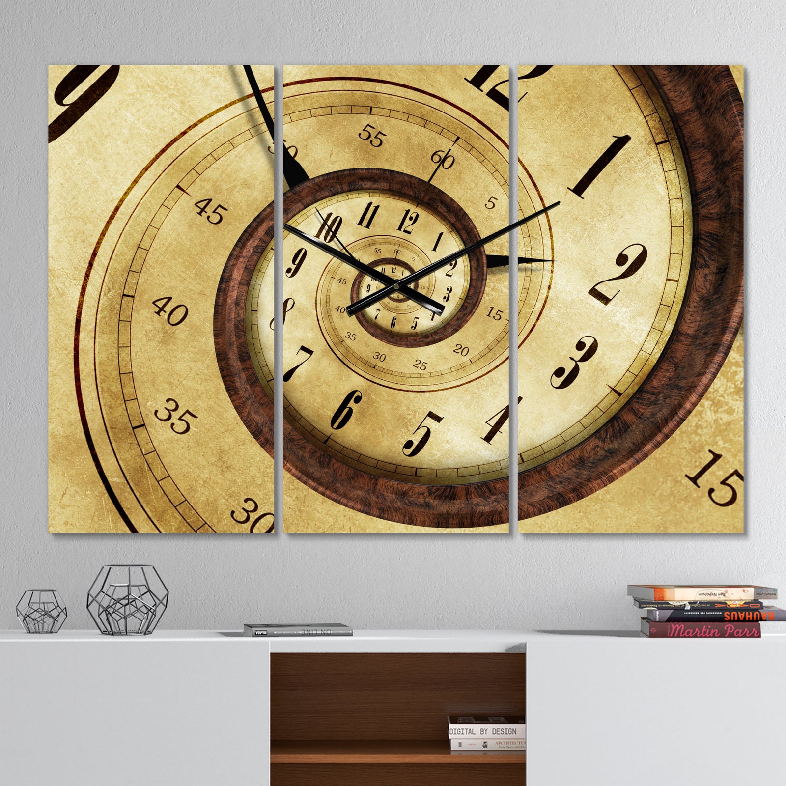 Vintage Time Spiral - Modern 3 Panels Oversized Wall CLock
