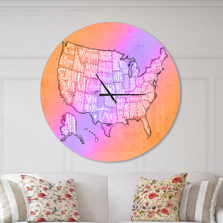 United States Yellow Vintage Map - Oversized Farmhouse Wall CLock