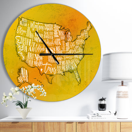 United States Yellow Vintage Map - Oversized Contemporary Wall CLock