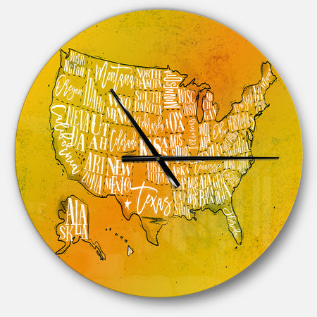 United States Yellow Vintage Map - Oversized Contemporary Wall CLock