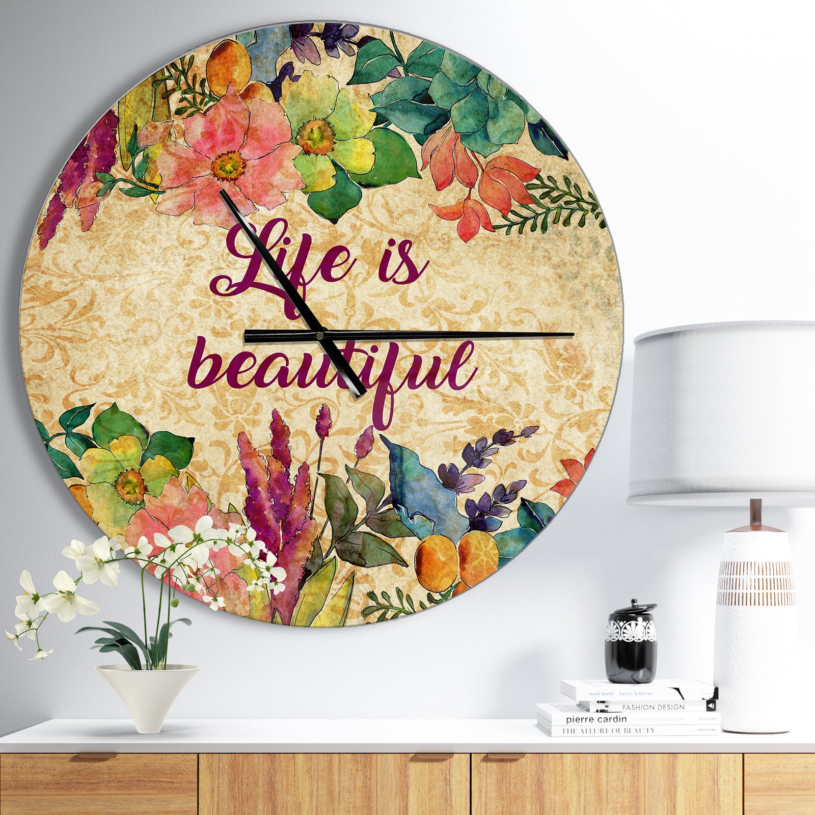 Life is Beautiful Butterfly Floral - Oversized Quote Wall CLock