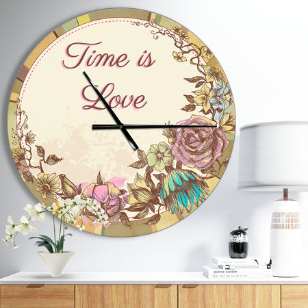 Time is Love Vintage Flower Wreath - Oversized Quote Wall CLock