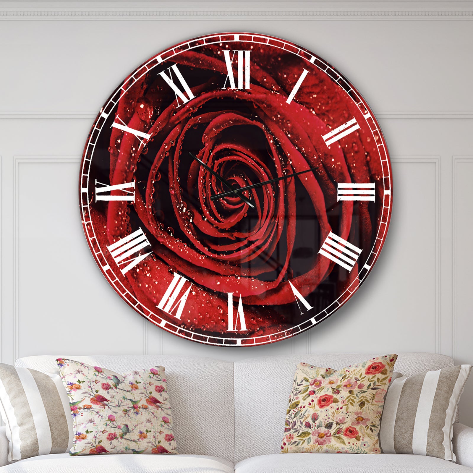 Red Rose Petals with Rain Droplets - Oversized Floral Wall CLock