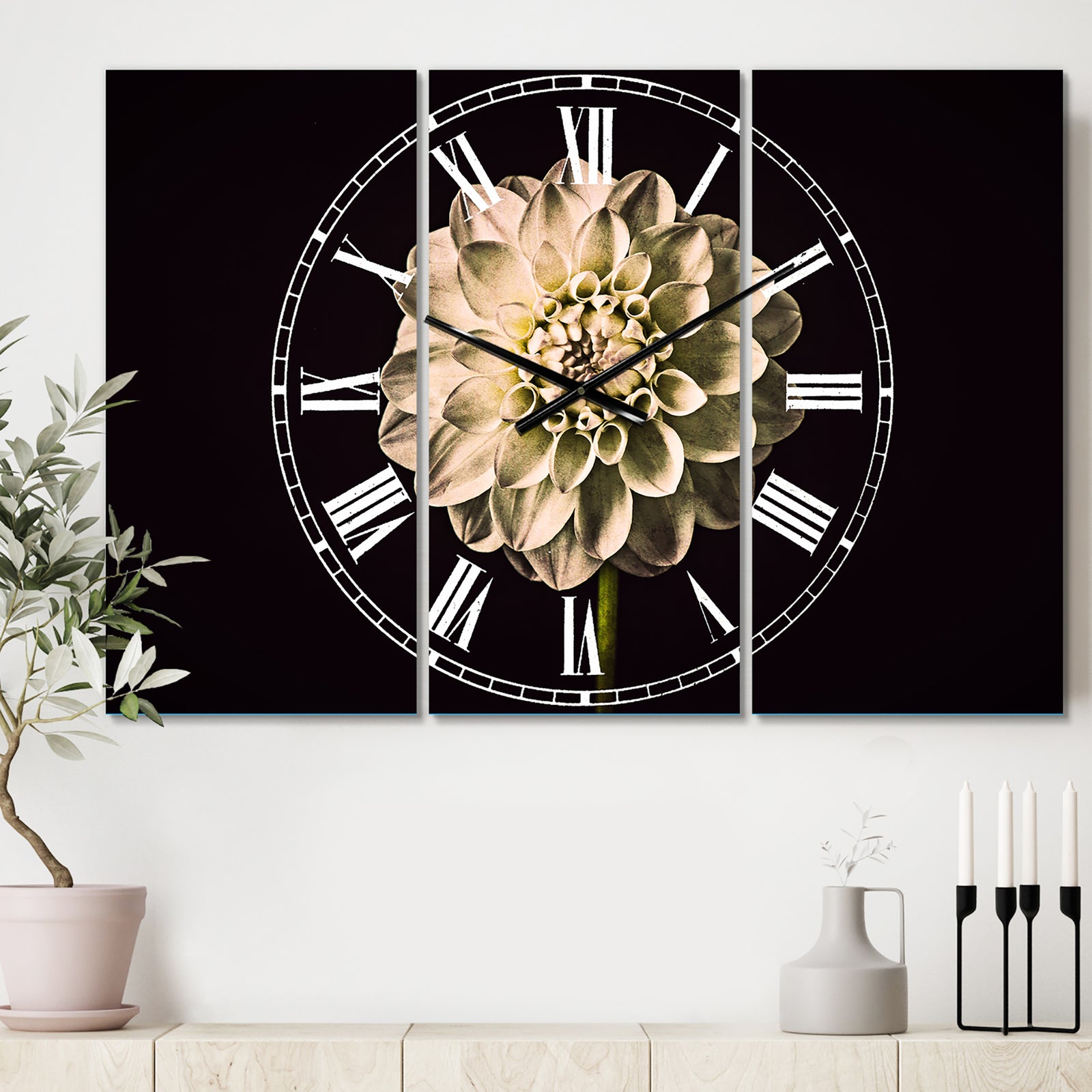 Isolated Dahlia Flower in Black - Cottage 3 Panels Oversized Wall CLock