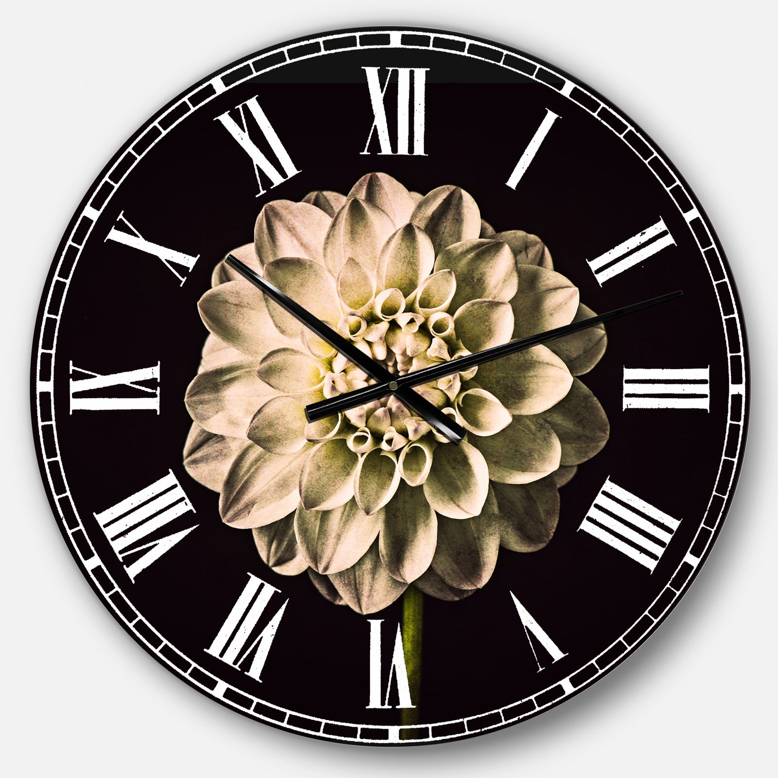 Isolated Dahlia Flower in Black - Oversized Floral Wall CLock