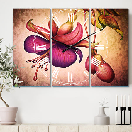 Fuchsia Flowers with Green Leaves - Cottage 3 Panels Large Wall CLock