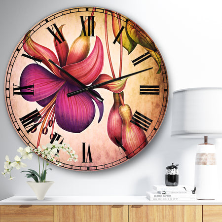 Fuchsia Flowers with Green Leaves - Floral Large Wall CLock