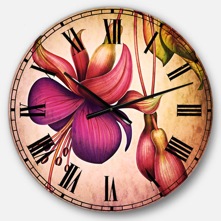 Fuchsia Flowers with Green Leaves - Floral Large Wall CLock