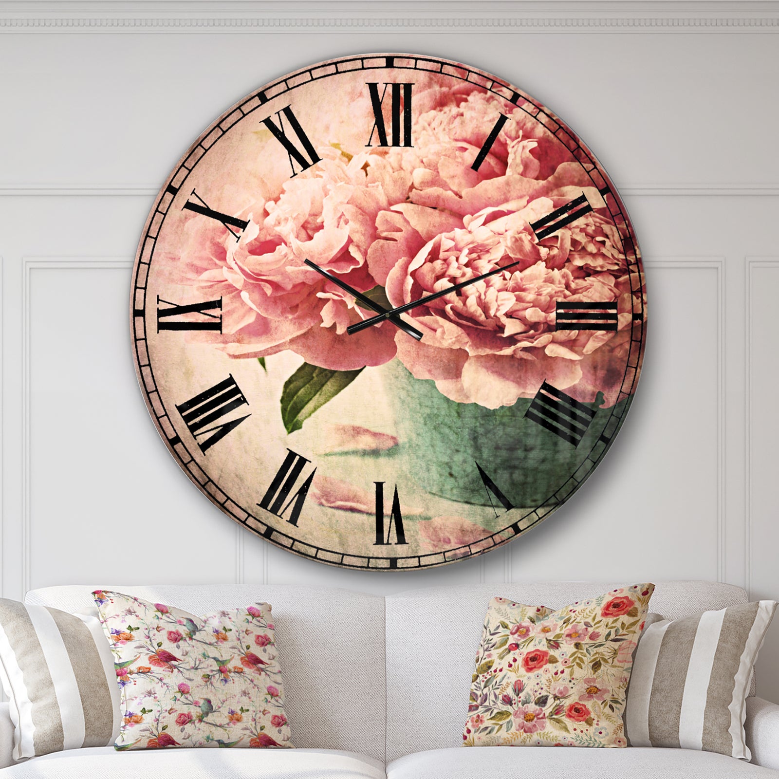 Pink Peony Flowers in Vase - Floral Wall CLock