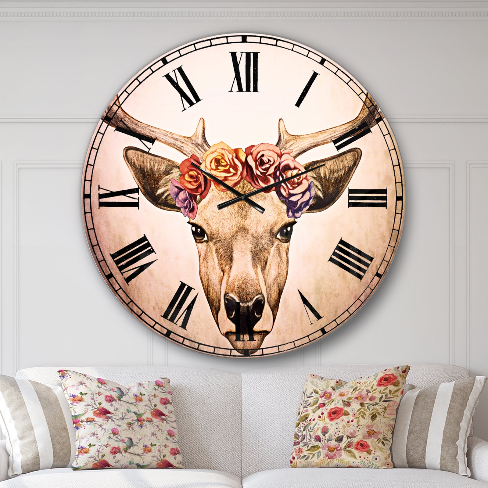Designart Deer Portrait with Floral Head - Deer Large Wall CLock