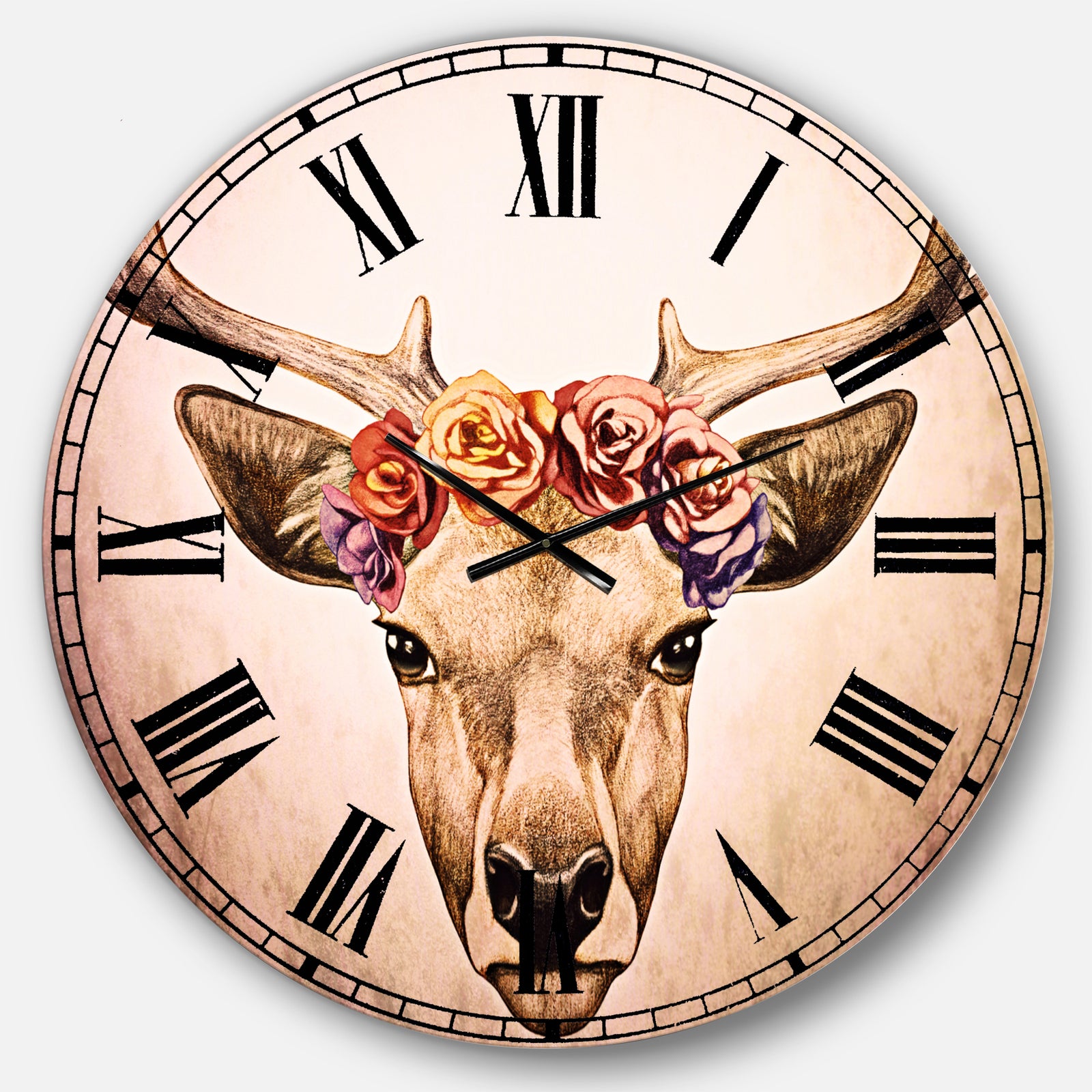Designart Deer Portrait with Floral Head - Deer Large Wall CLock