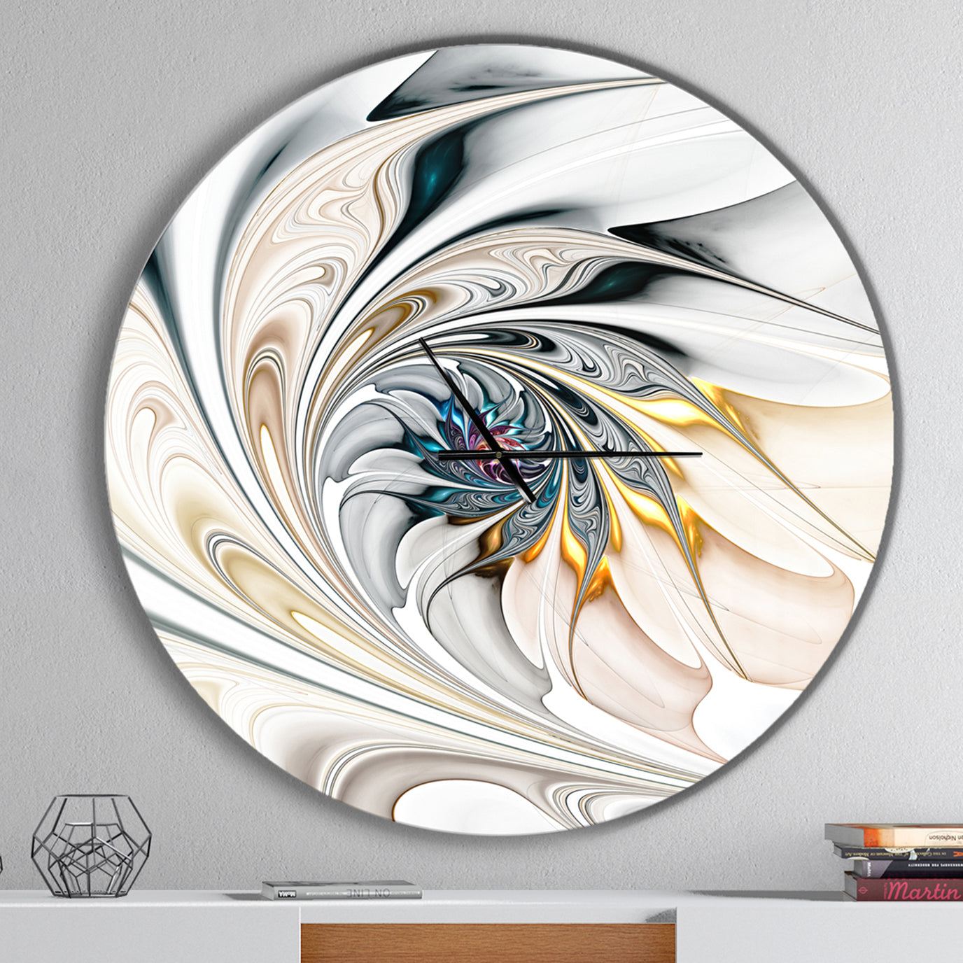 White Stained Glass Floral Art - Oversized Modern Wall CLock