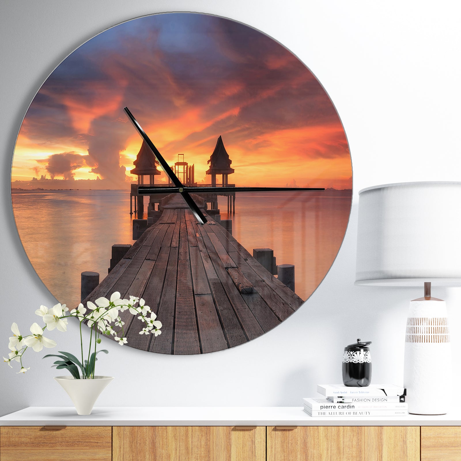 Glowing Sky and Long Wooden Bridge - Oversized Coastal Wall CLock