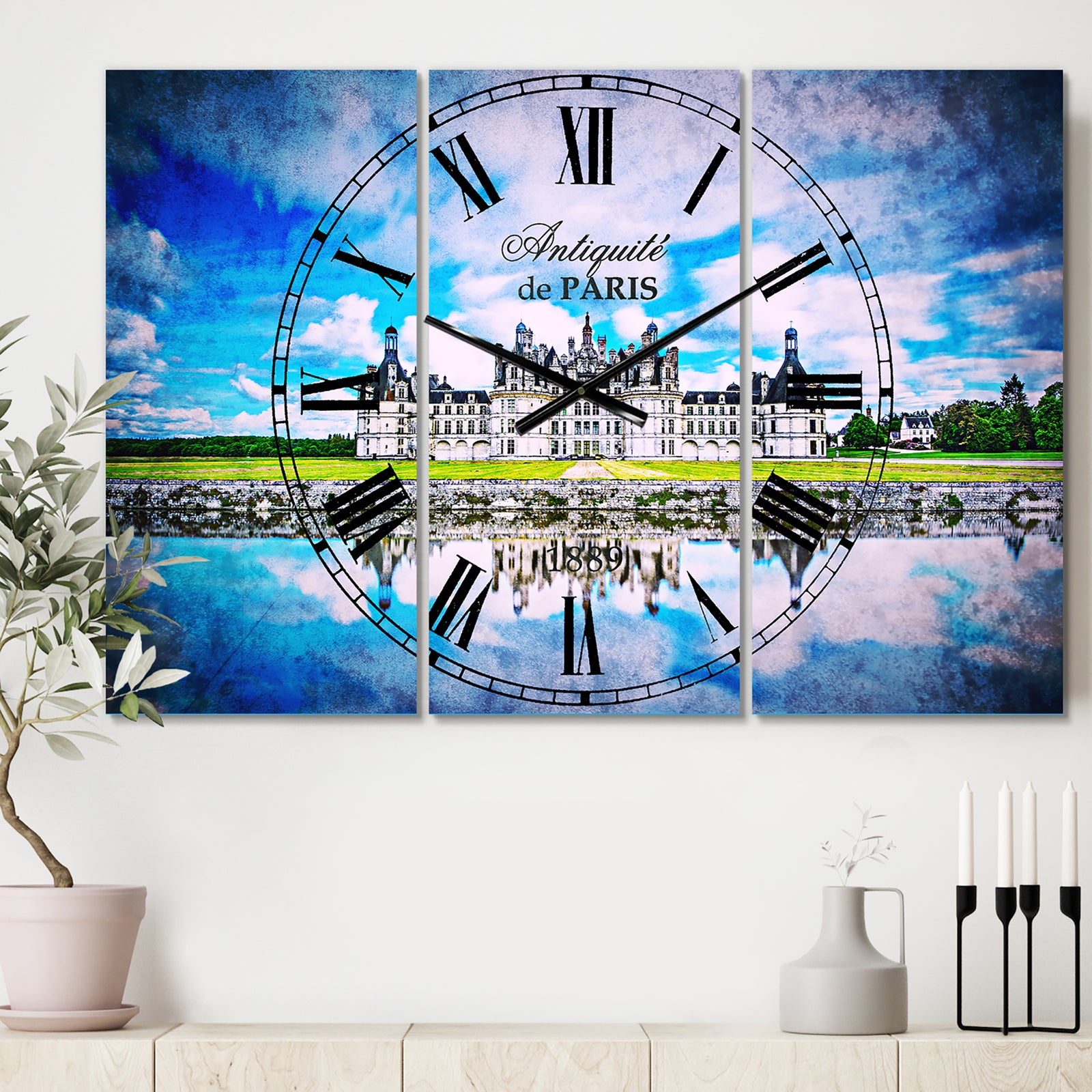Chateau De Chambord Castle in Blue - Cottage 3 Panels Large Wall CLock