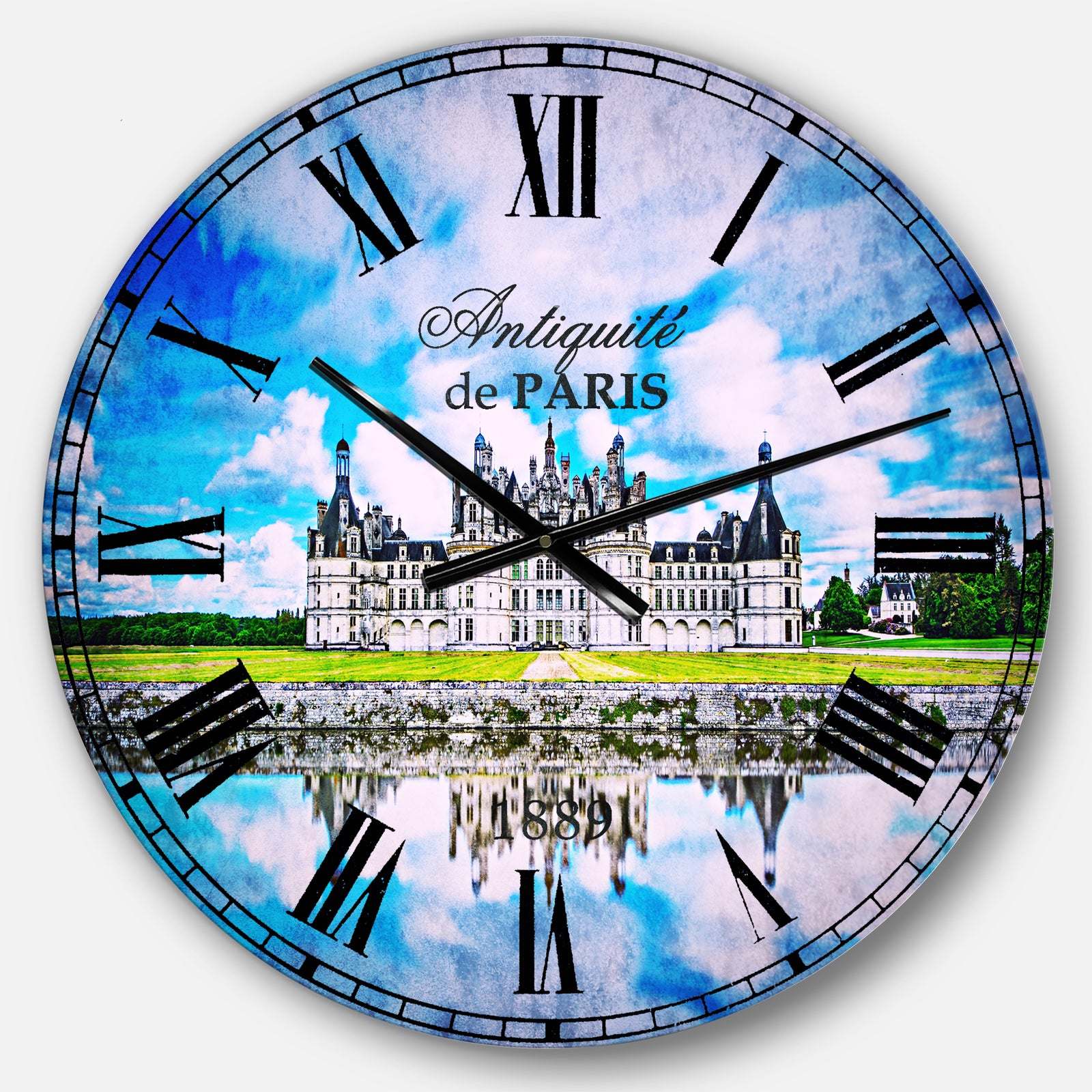 Chateau De Chambord Castle in Blue - Landscape Large Wall CLock