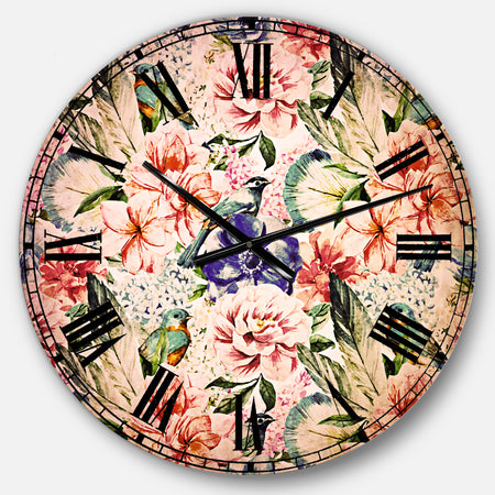Colorful Flowers and Birds Watercolor - Flower Large Wall CLock