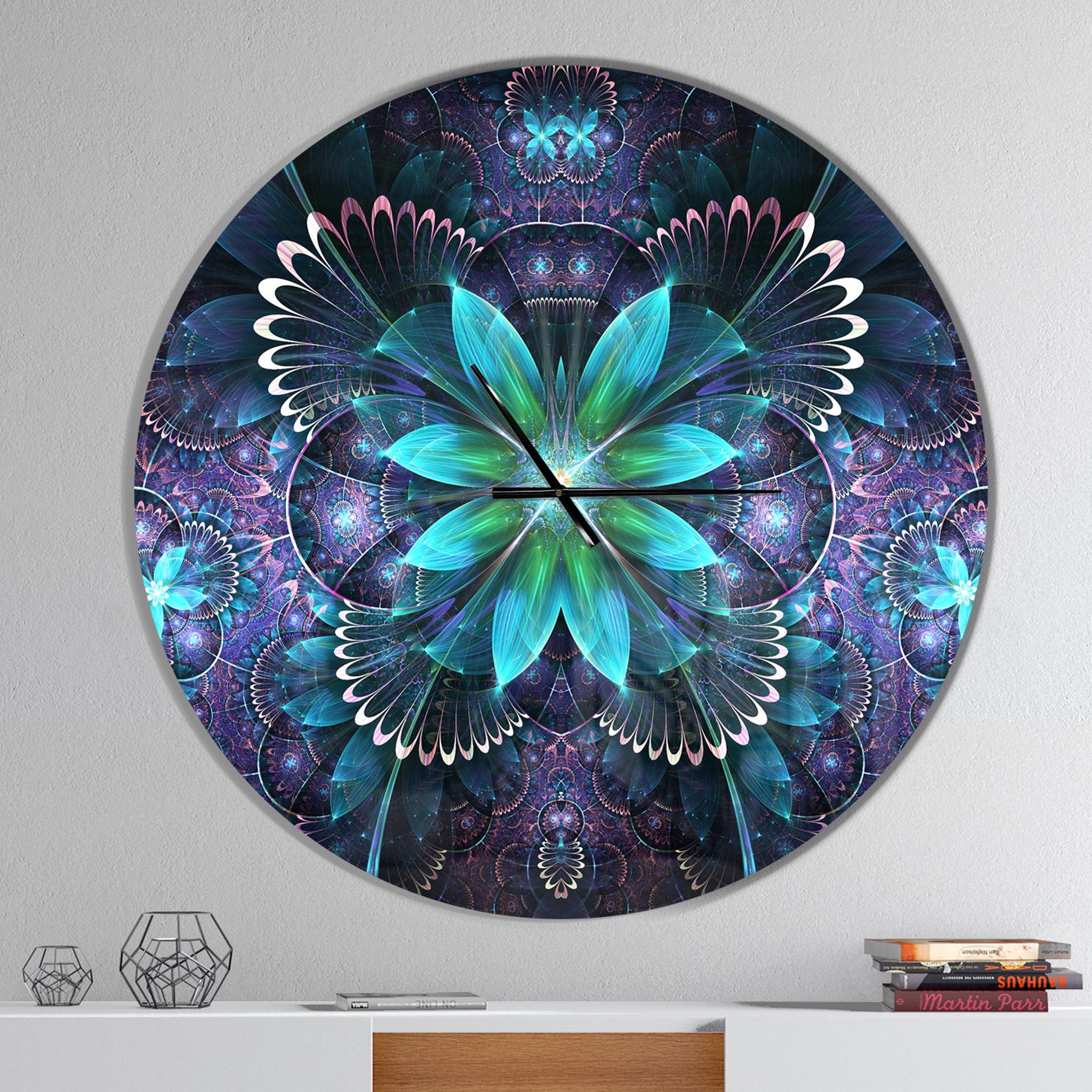 Fractal Flower Blue Digital Art - Oversized Modern Wall CLock