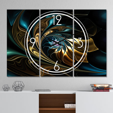 Brown Blue Fractal Flower in Black - Modern 3 Panels Oversized Wall CLock