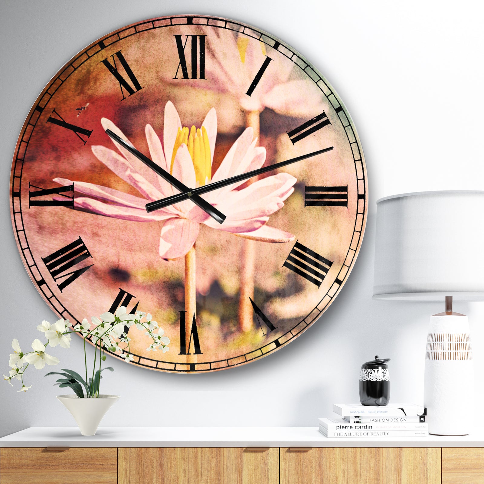 Lotus on Abstract Background - Floral Large Wall CLock