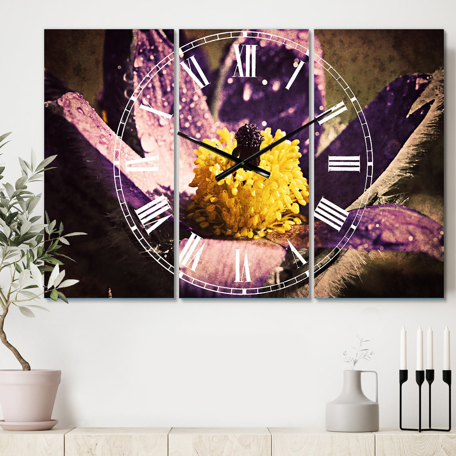 Purple Flower with Yellow Stigma - Cottage 3 Panels Oversized Wall CLock
