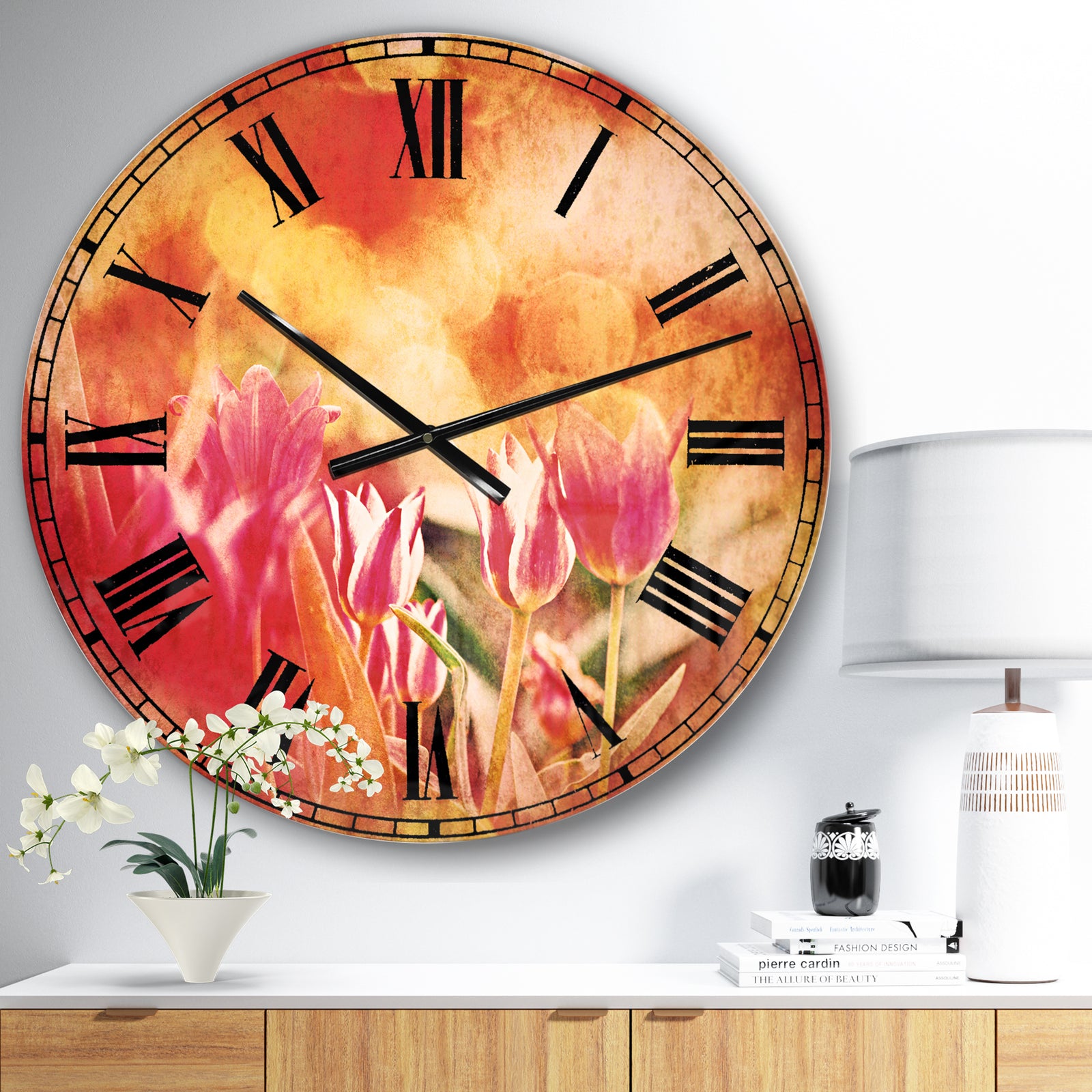 Tulips on Abstract Red Background - Floral Large Wall CLock