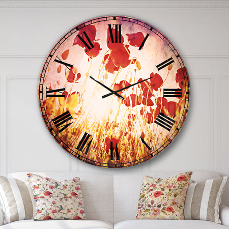 Poppy Flowers on Blue Background - Flower Large Wall CLock