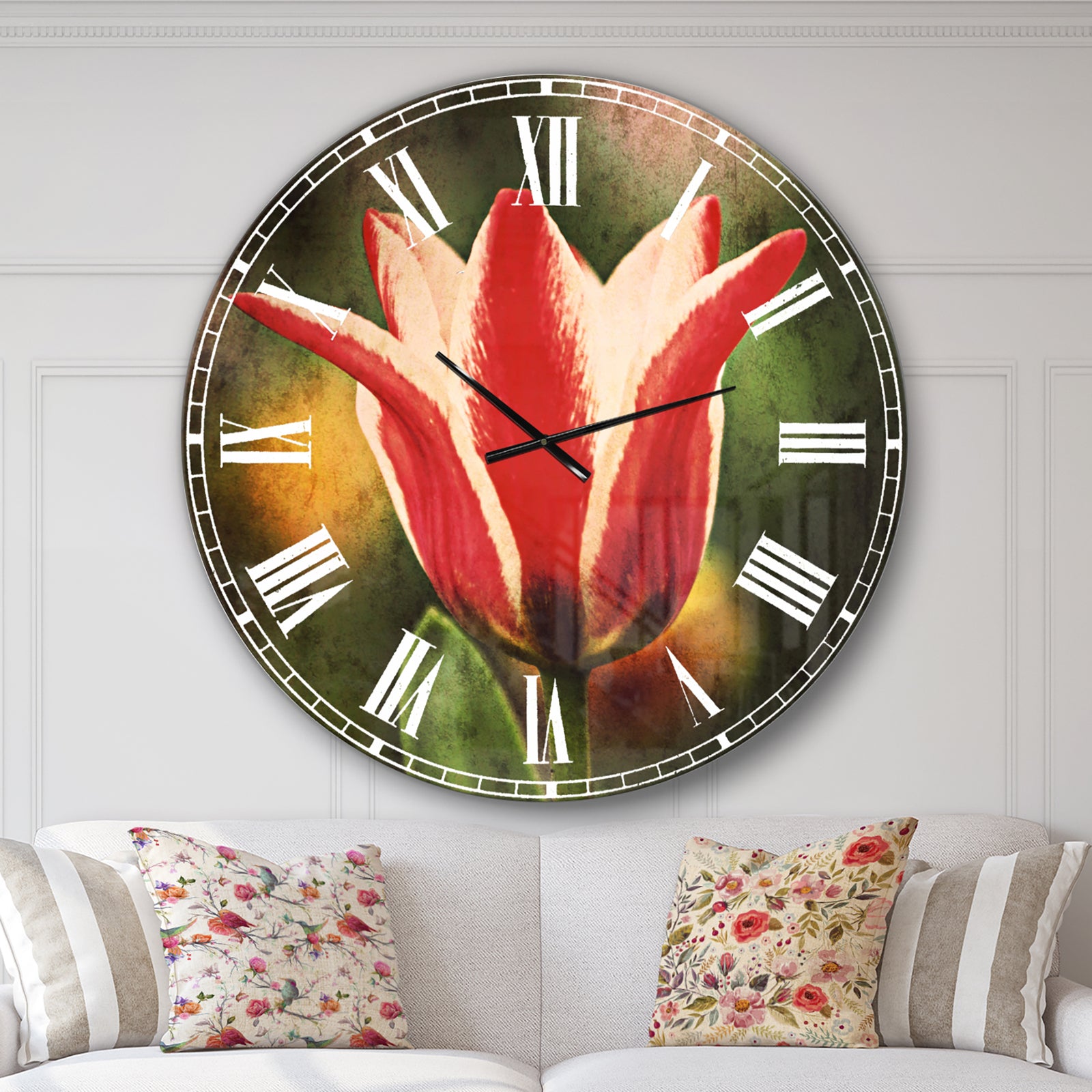 Large Tulips on Green Background - Flower Large Wall CLock