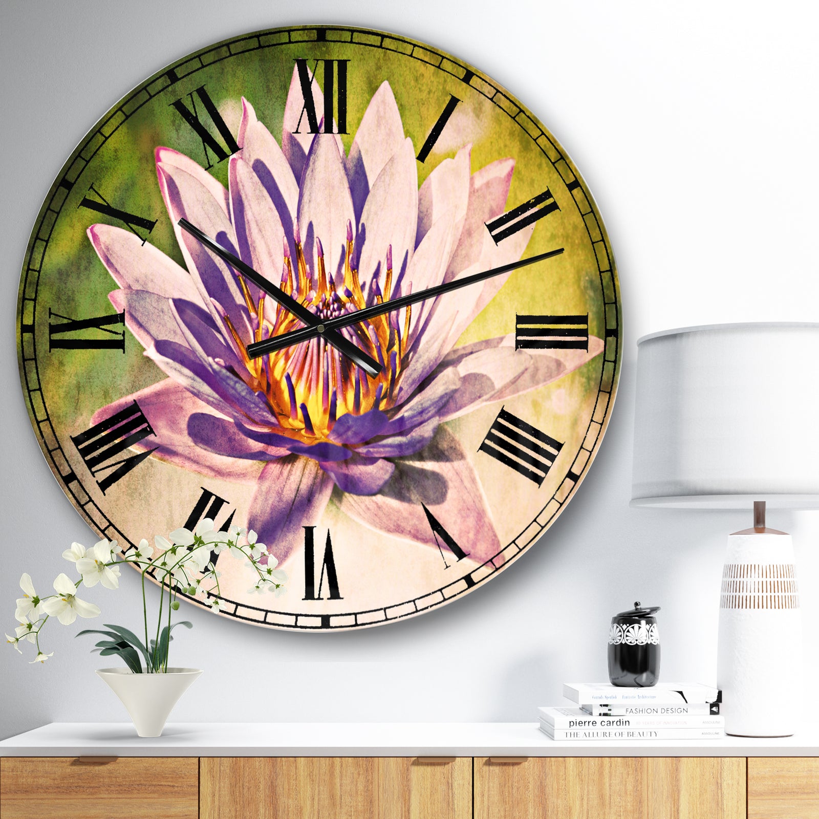 Huge Purple Lotus on Green Background - Flower Large Wall CLock