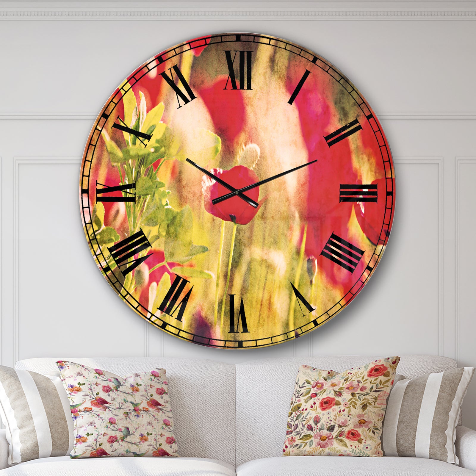Red Poppies on Green Background - Flower Wall CLock