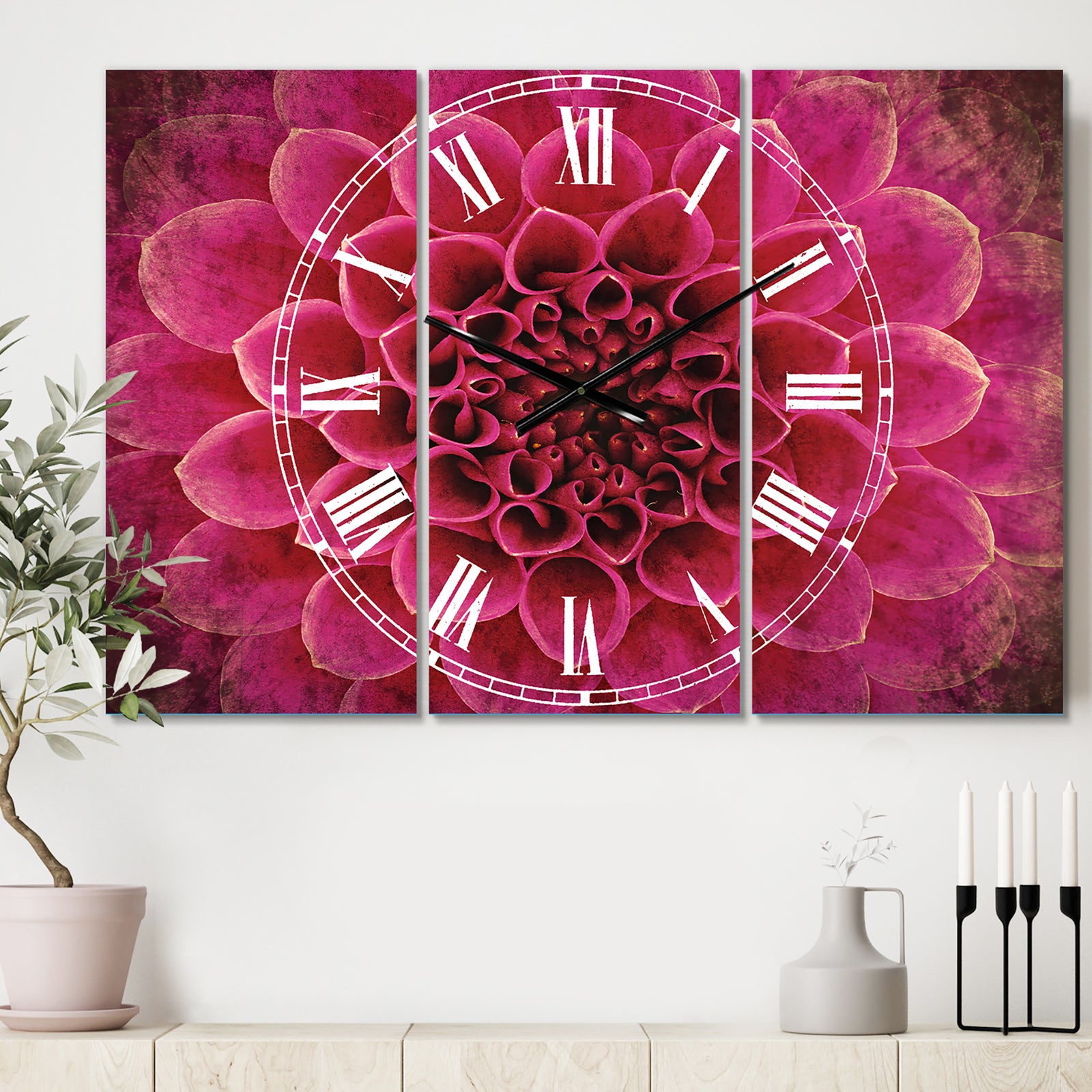 Dark Pink Abstract Flower Petals - Cottage 3 Panels Oversized Wall CLock