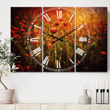 Dense Poppy Field At Sunset - Cottage 3 Panels Oversized Wall CLock