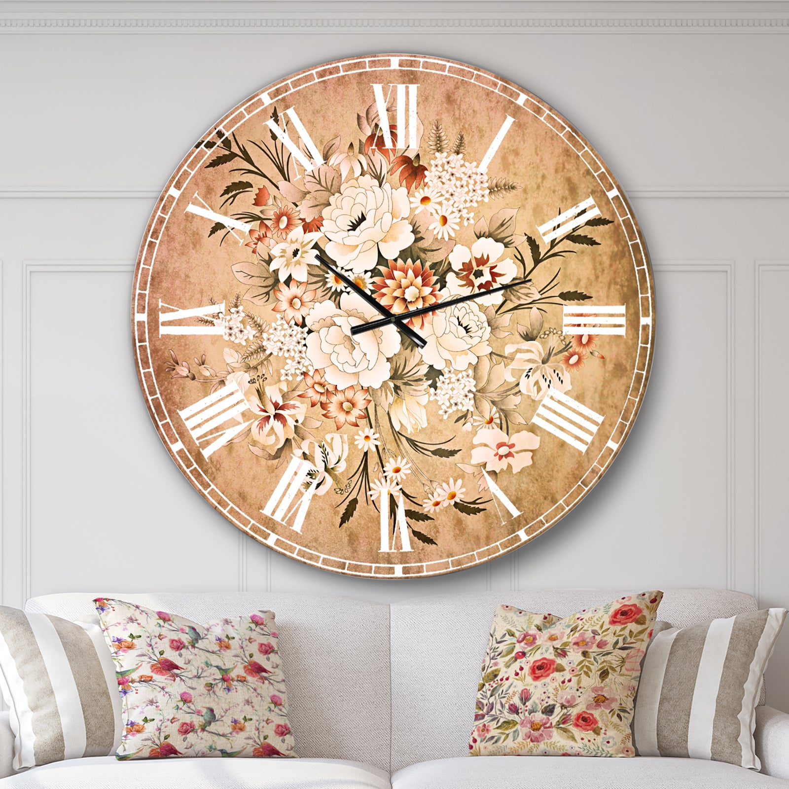 White and Yellow Floral Pattern - Floral Large Wall CLock