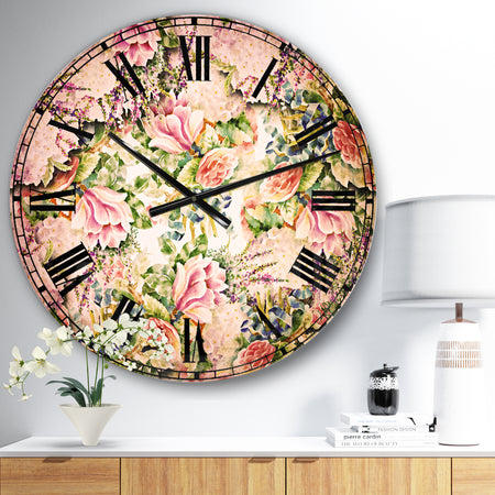 Pink Flower Pattern on White - Floral Wall CLock