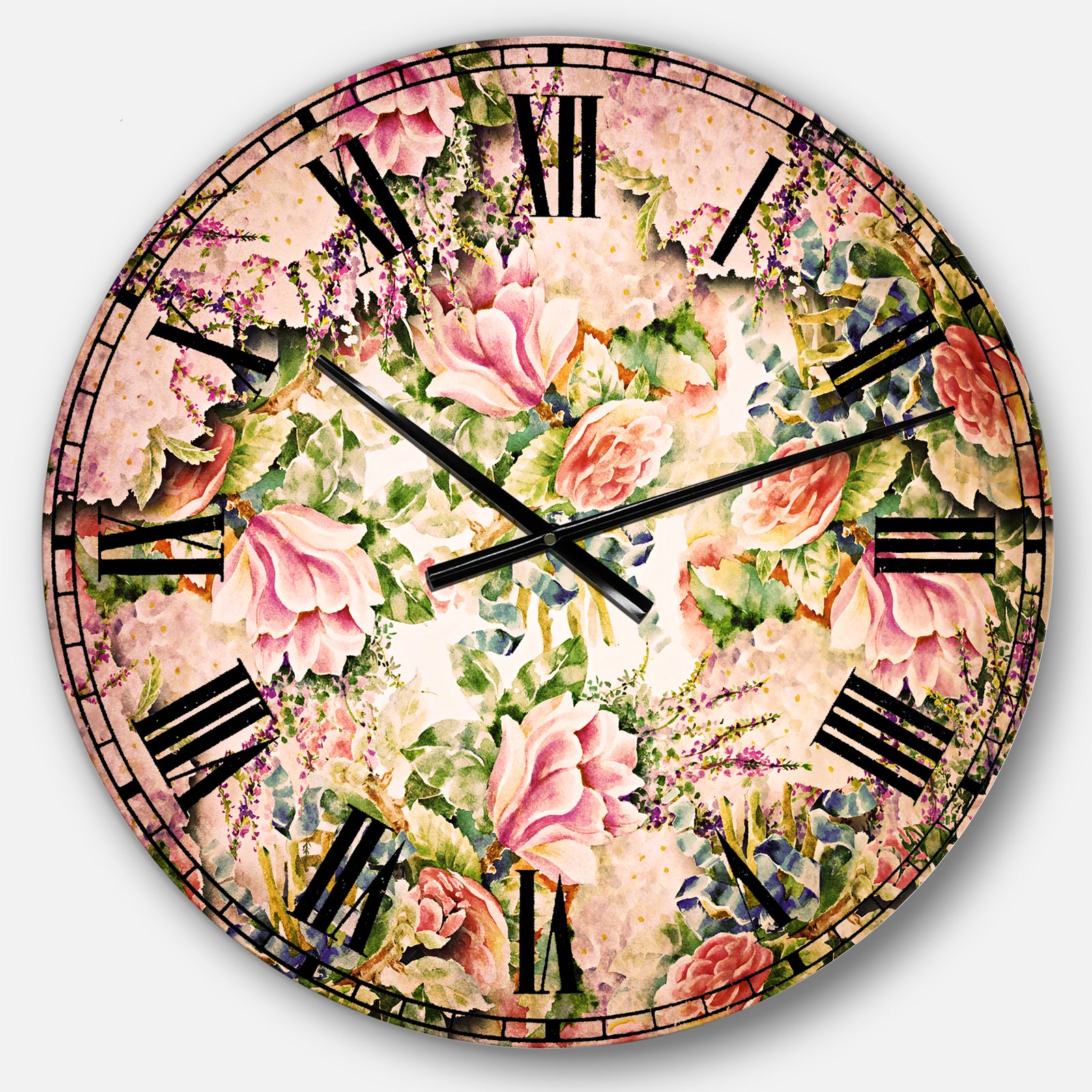 Pink Flower Pattern on White - Floral Wall CLock