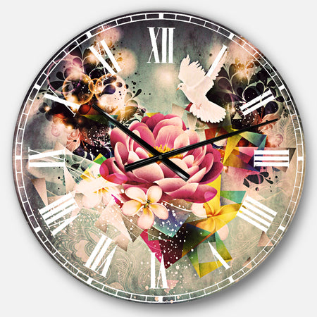 Flowers and Dove Abstract Design - Floral Large Wall CLock