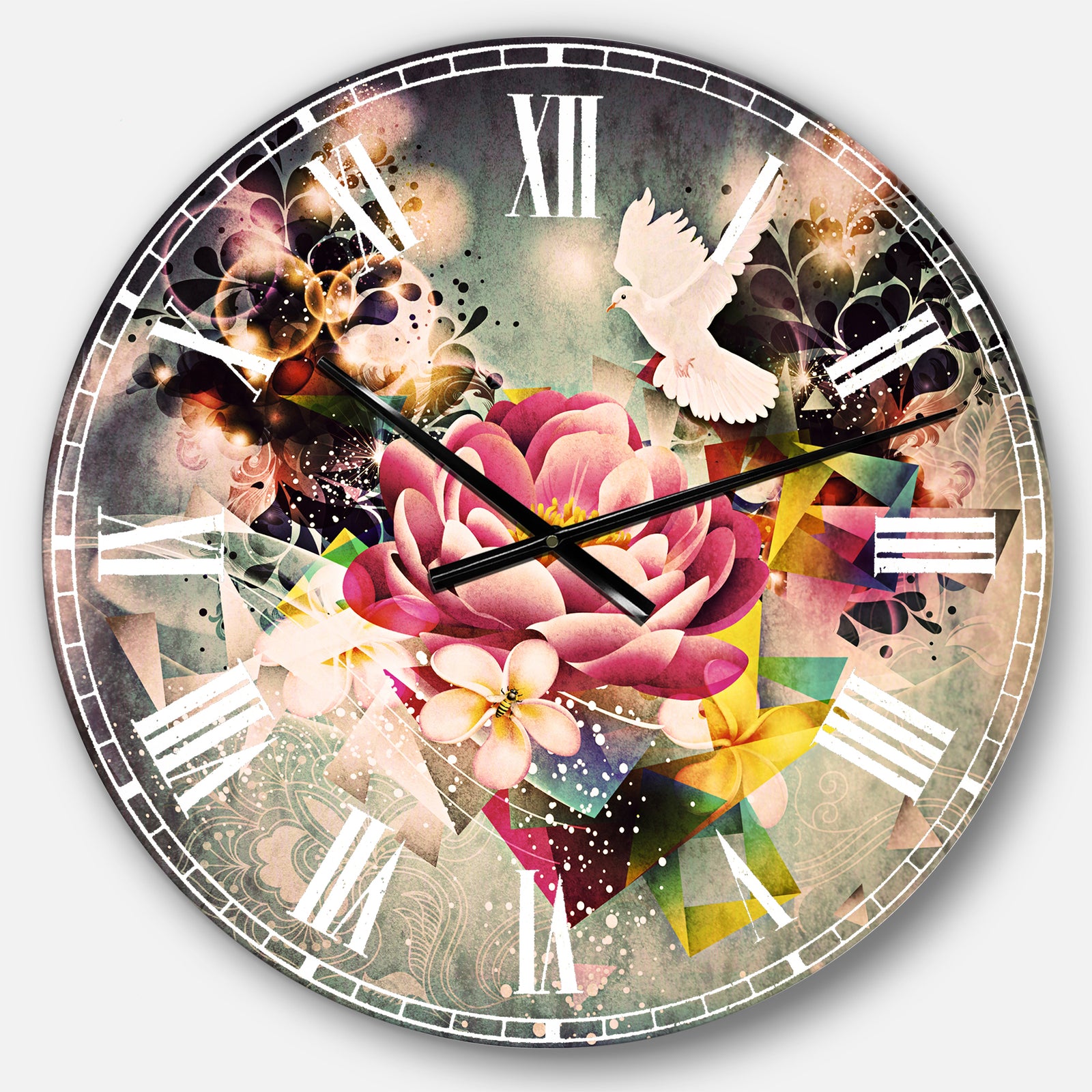 Flowers and Dove Abstract Design - Floral Large Wall CLock
