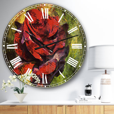 Red Rose Illustration on Green - Floral Wall CLock