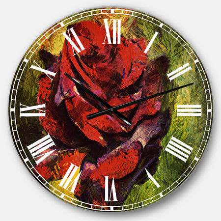 Red Rose Illustration on Green - Floral Wall CLock