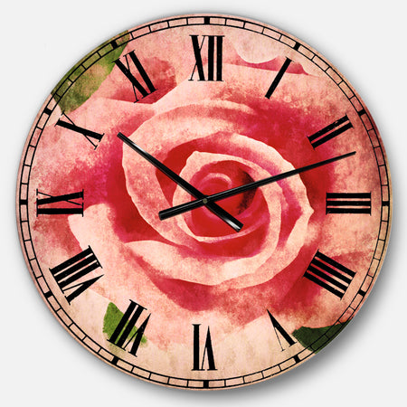 Big Pink Rose Flower with Leaves - Floral Large Wall CLock