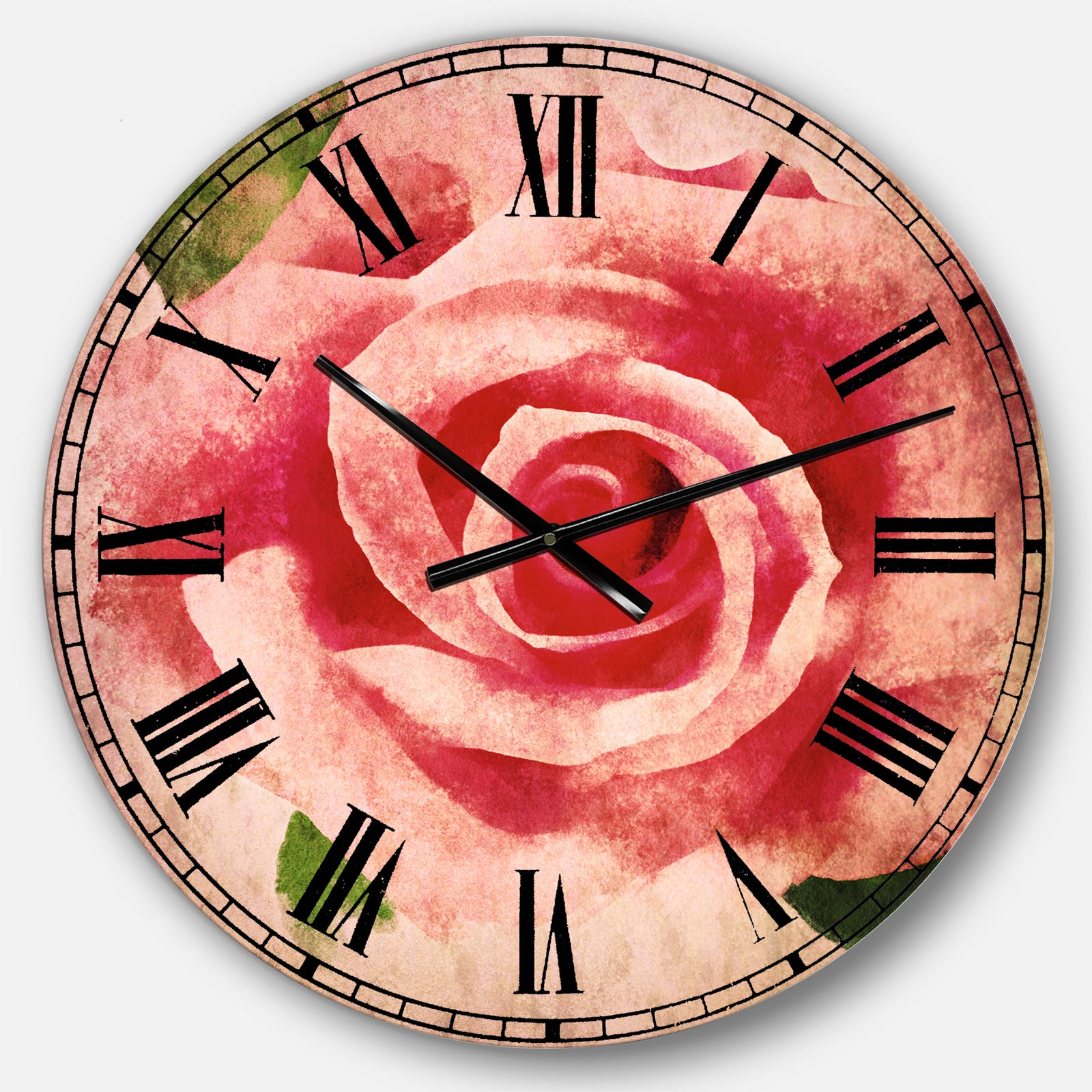 Big Pink Rose Flower with Leaves - Floral Large Wall CLock