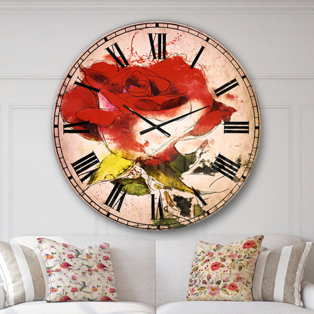 Hand drawn Watercolor Rose Flower - Floral Large Wall CLock