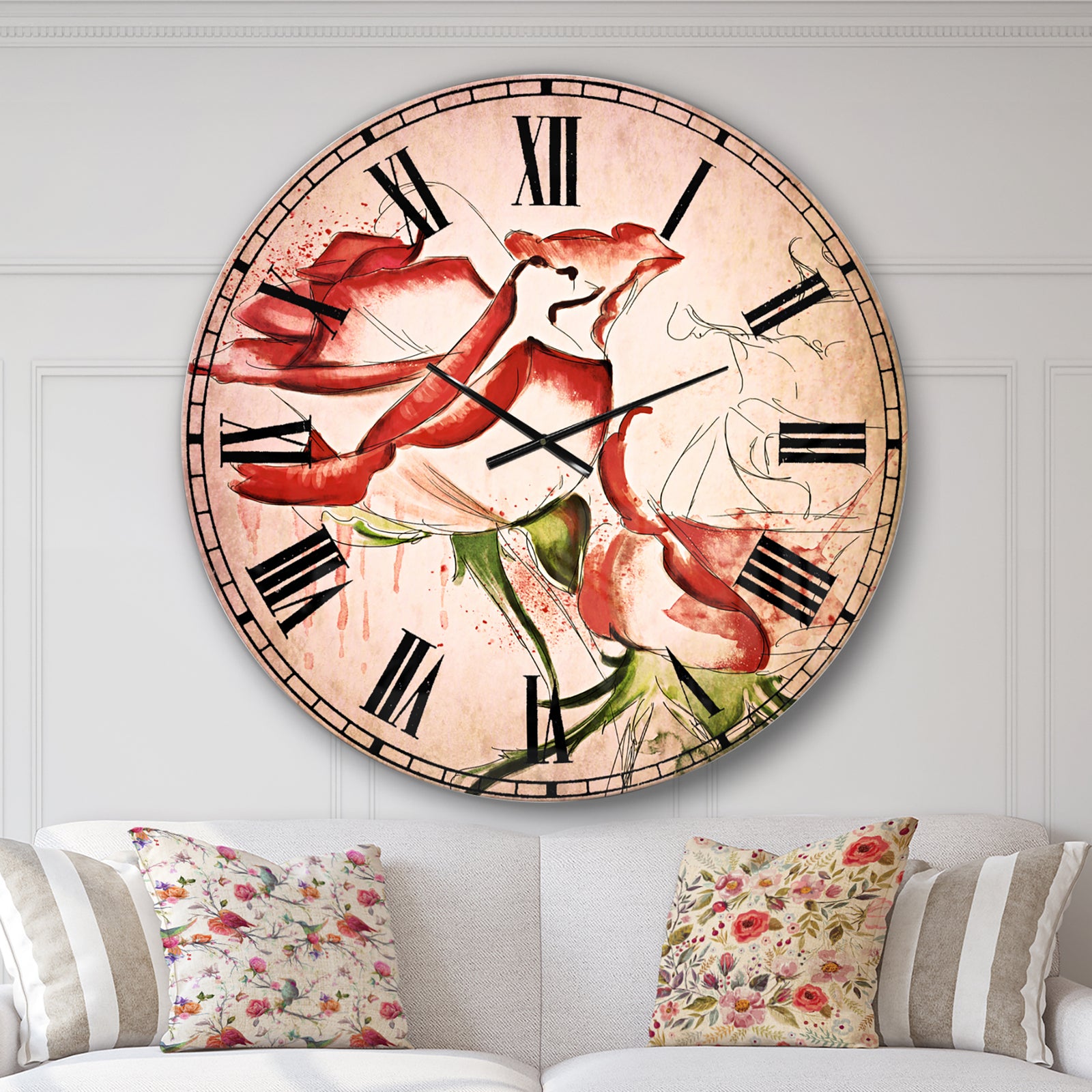 Fantastic Red Roses Watercolor - Floral Wall CLock