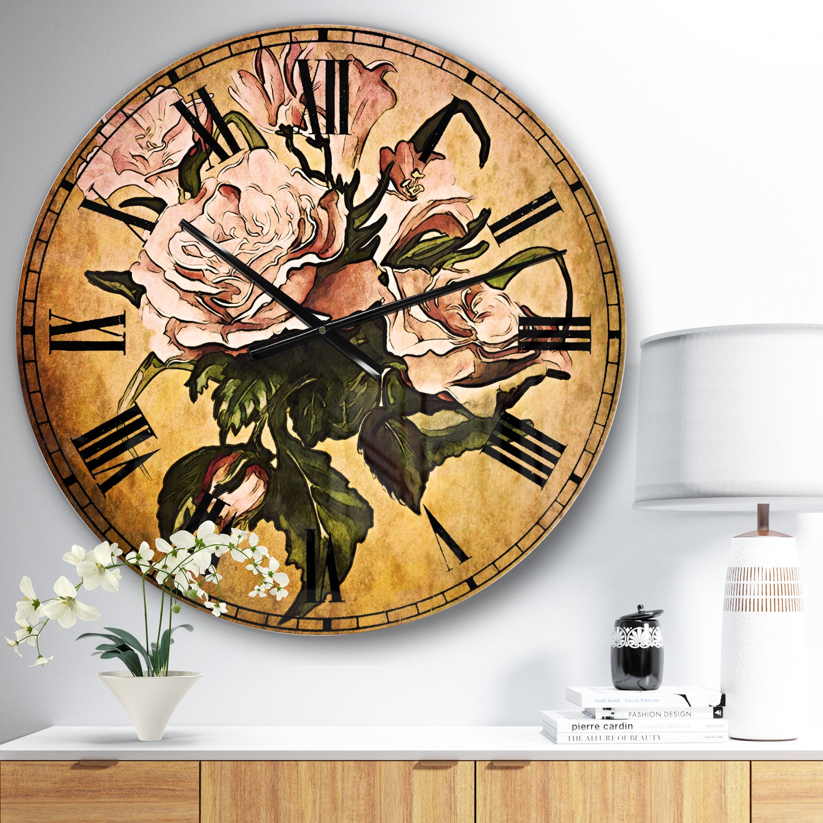 Pink Rose with Leaves Watercolor - Floral Wall CLock