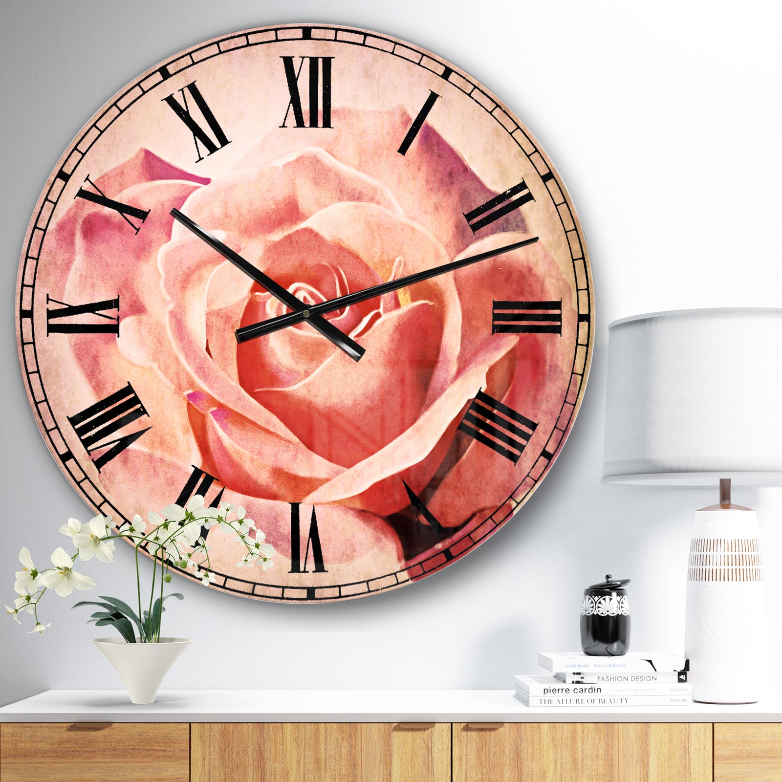 Pink Rose Sketch on White Background - Flowers Wall CLock